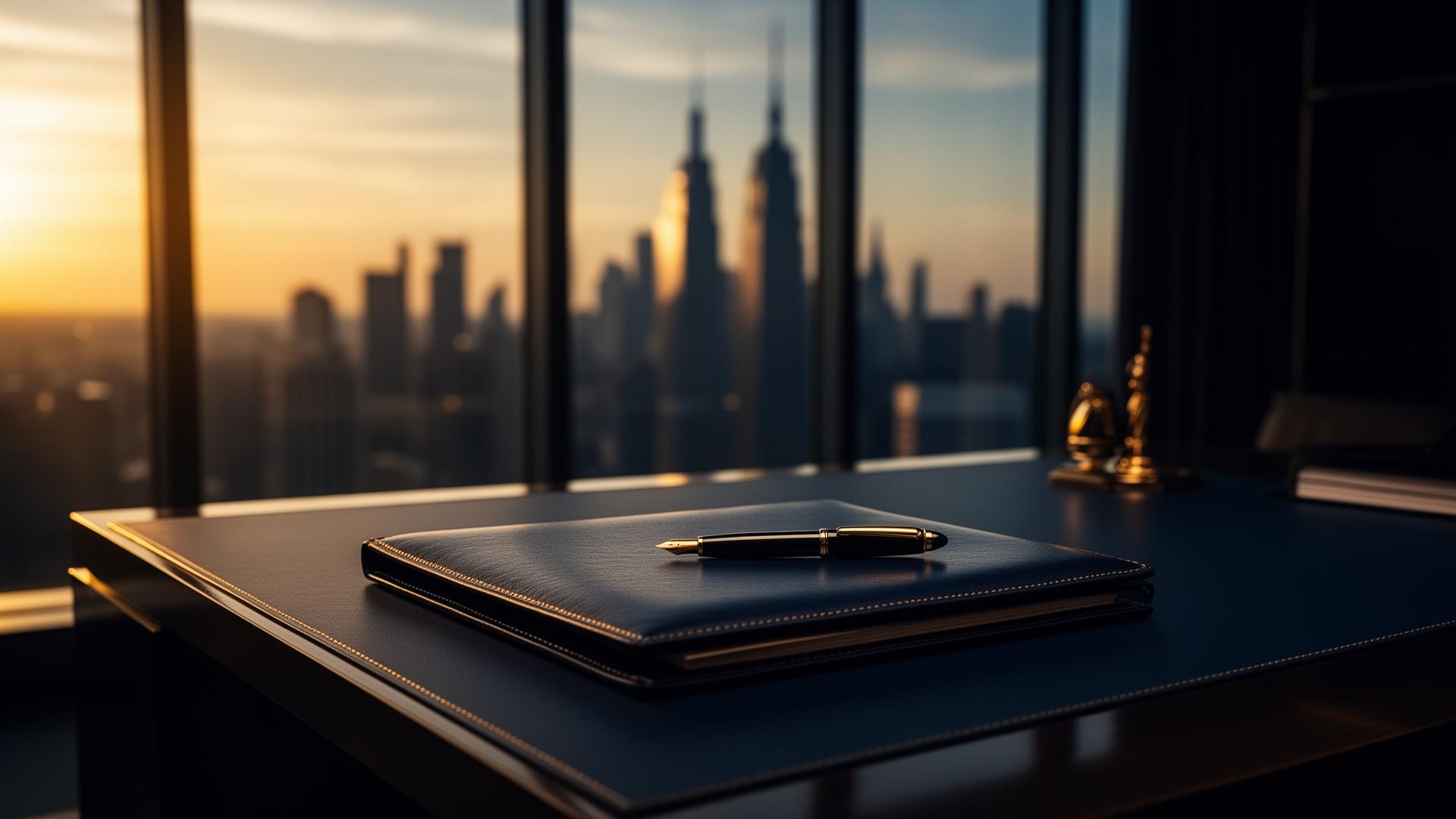 Personal injury attorney's desk overlooking the city at dusk